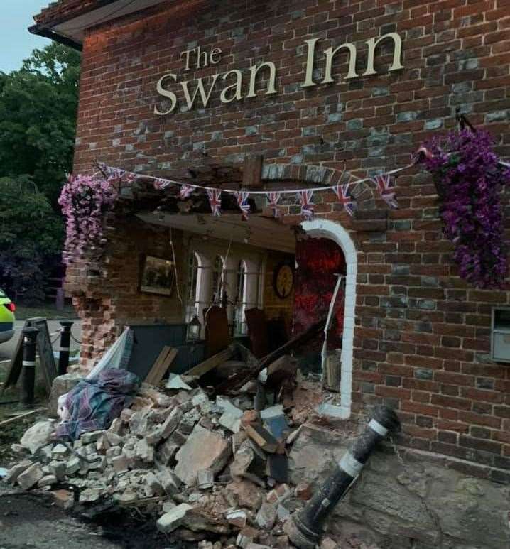 The aftermath of the crash which saw a 4x4 plough into the pub. Picture: Ann Perkins