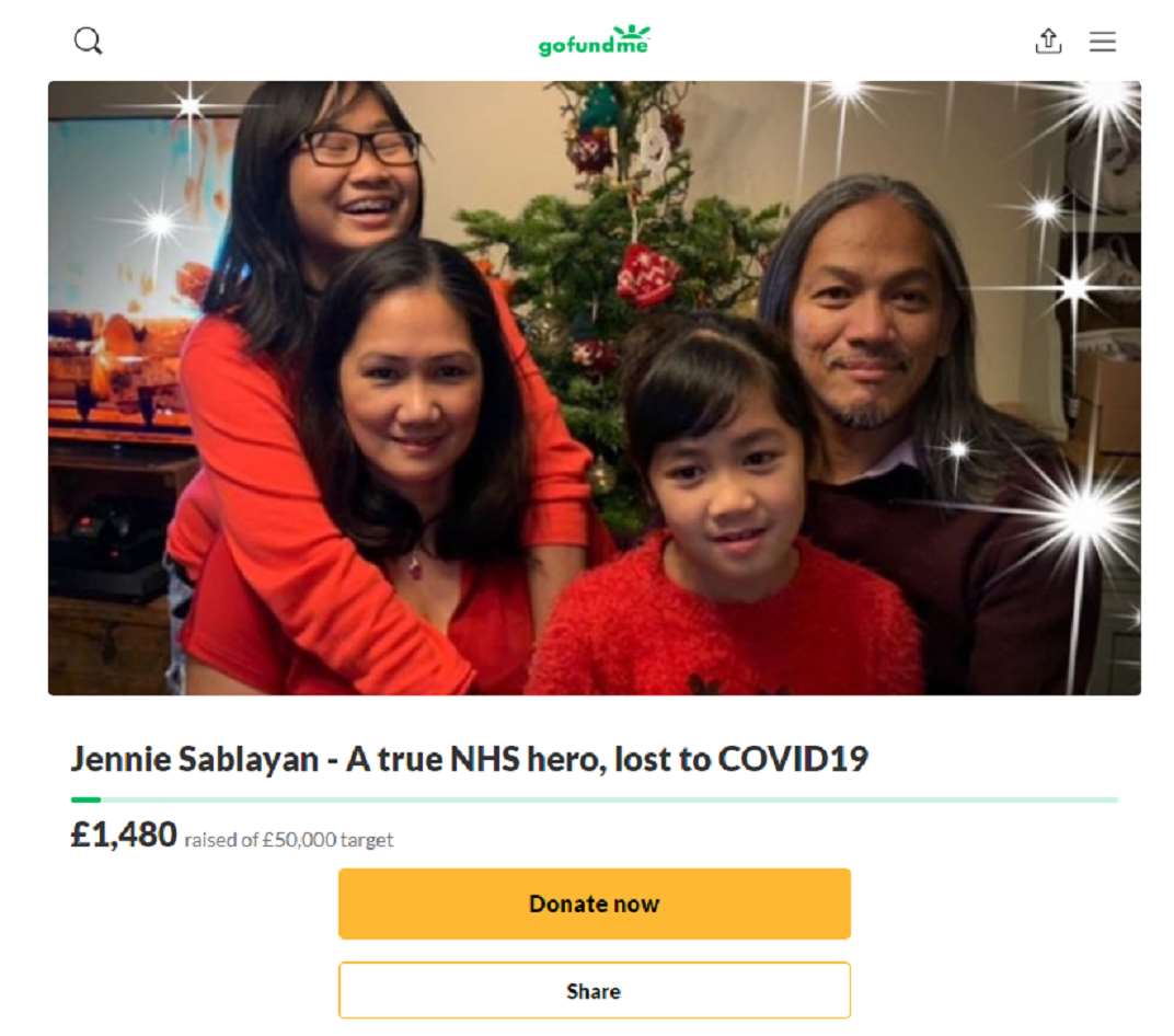 A GoFundMe has been set up in memory of Jennie Sablayan and describes her as a “true NHS hero” (GoFundMe/PA)