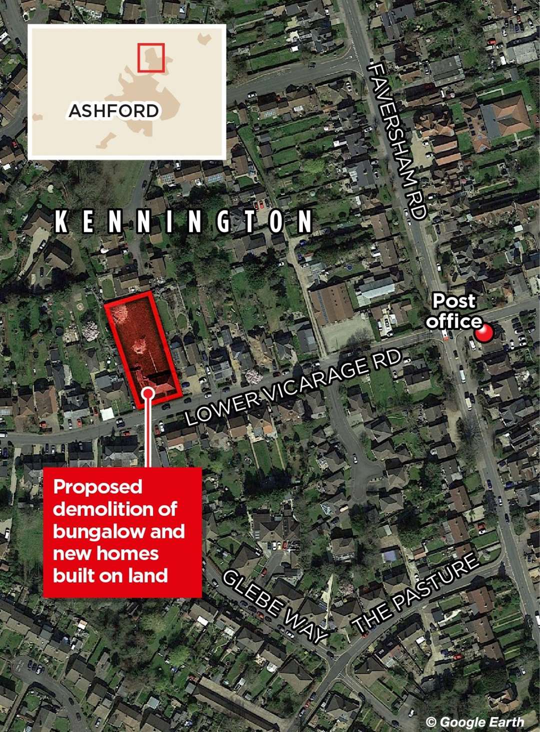 The site is in Lower Vicarage Road, opposite Glebe Way in Kennington