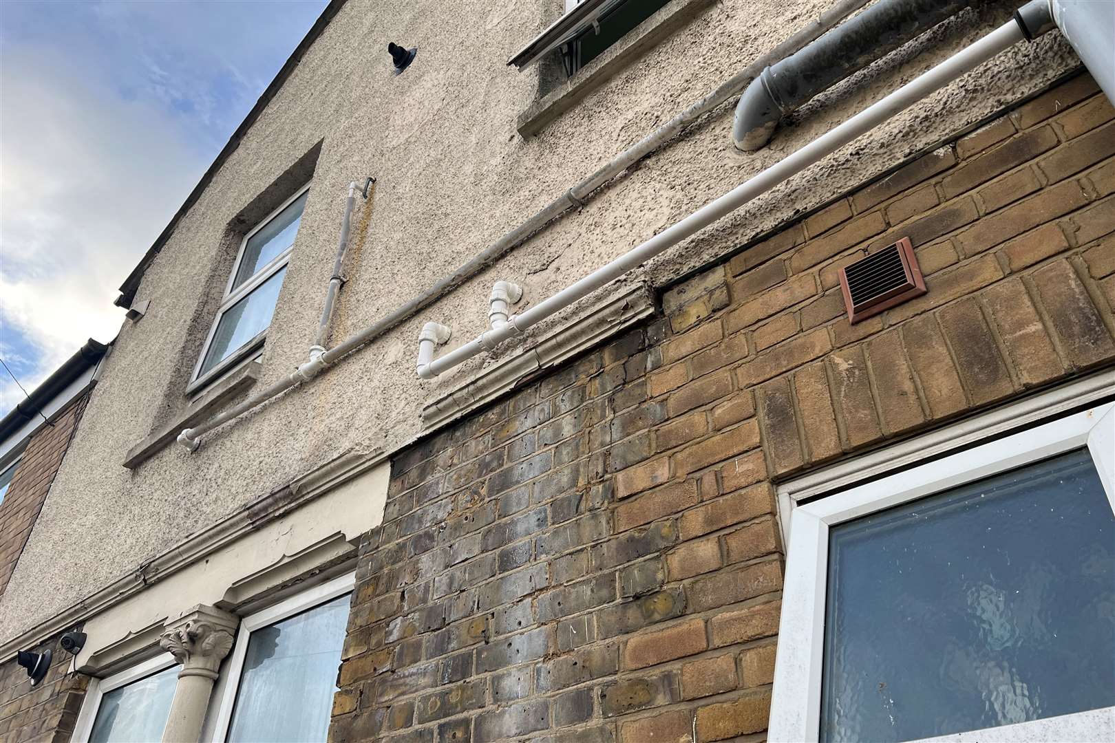 The water leak on the outside of Em's flat in Gillingham