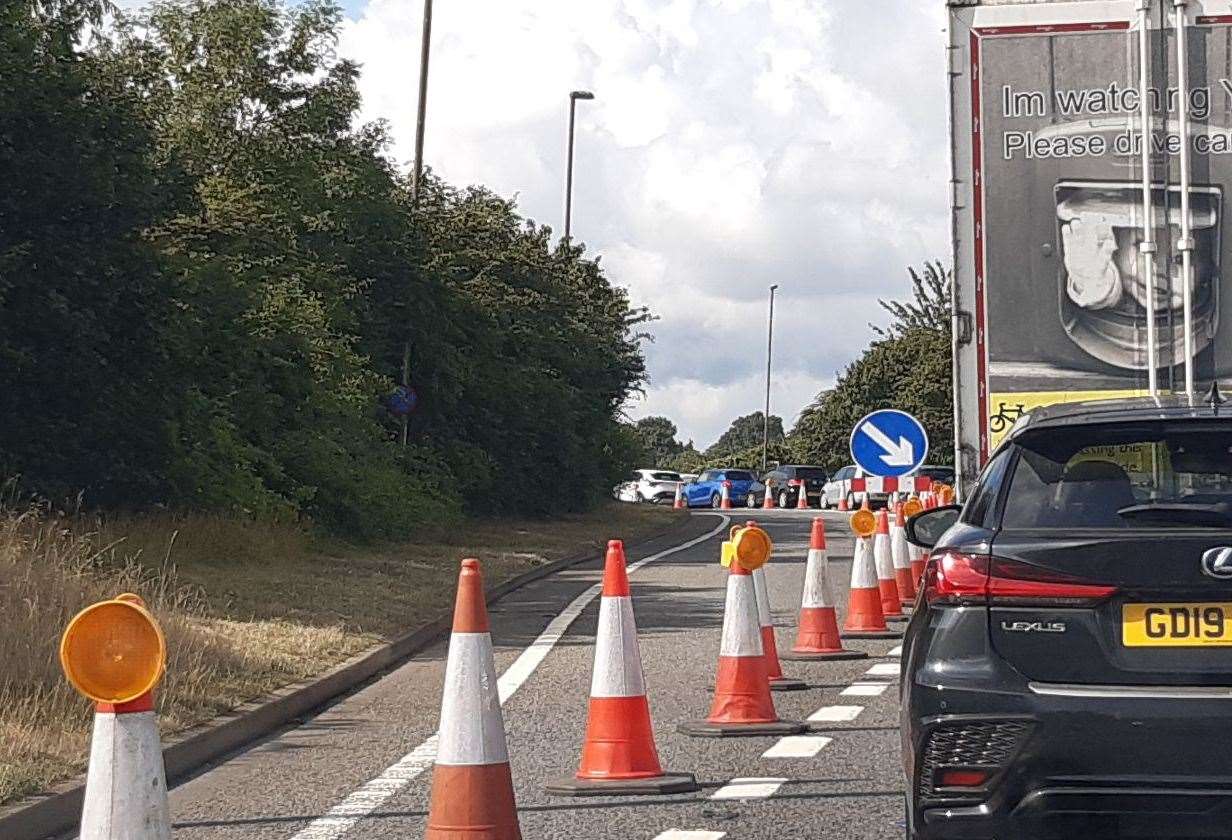 Queuing traffic on the A289 Wulfere Way after the slip-road onto Berwick Way was coned off. Picture: Cara Simmonds