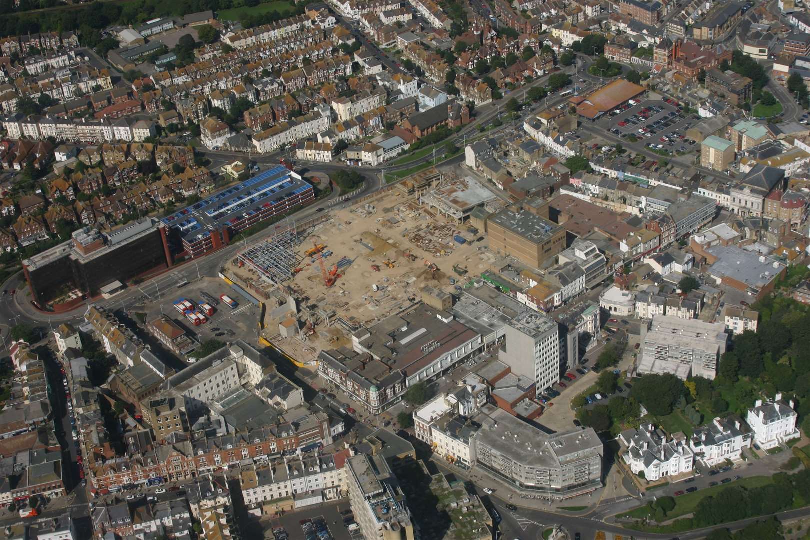 Aerial shot as construction begins on changing Folkestone town centre. Pic: John Barber