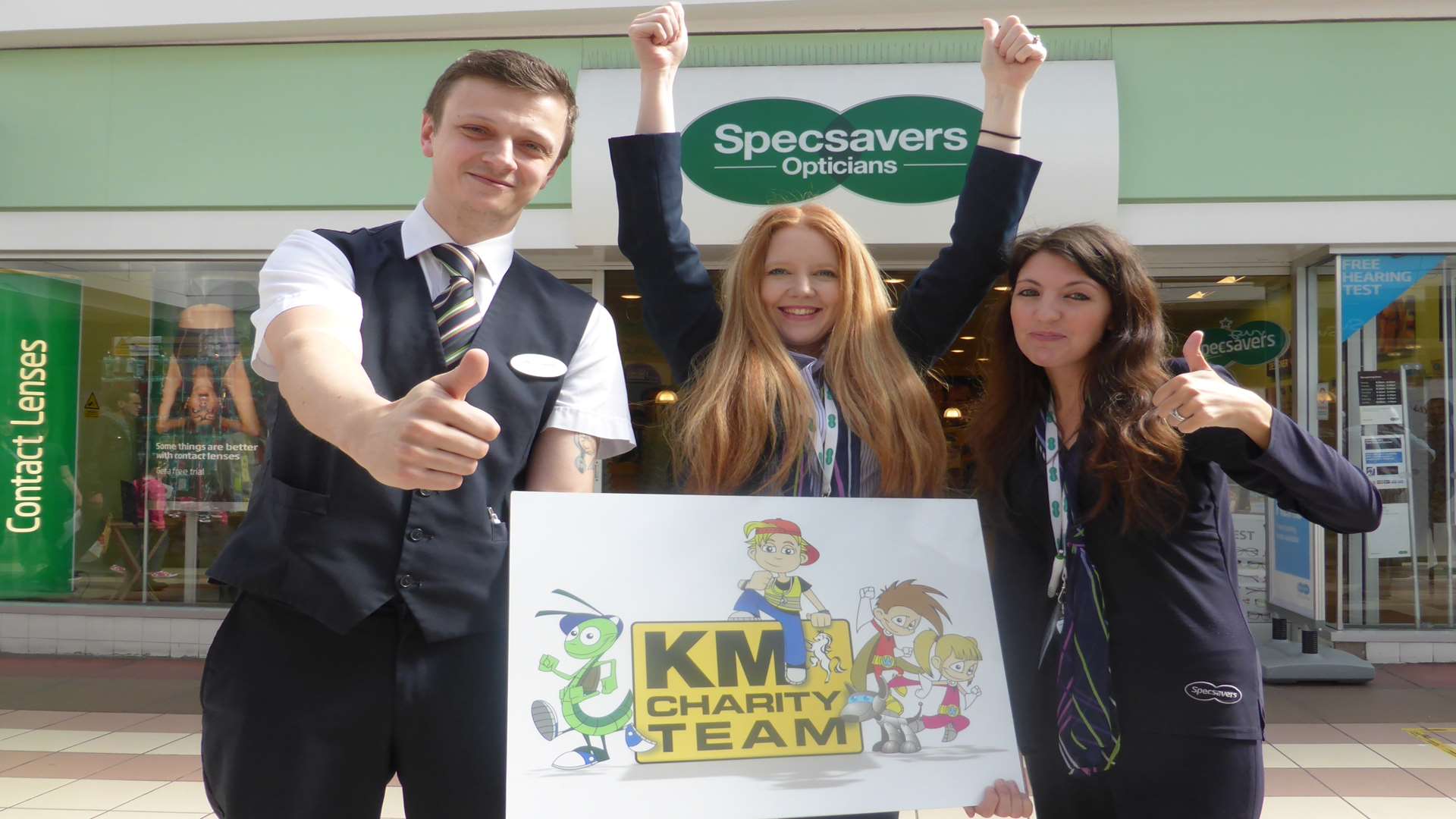 Specsavers Gravesend Assistant Manager Aaron Snelling, Nikki Hunter and Lindsay Roj showcase support for KM Walk to School