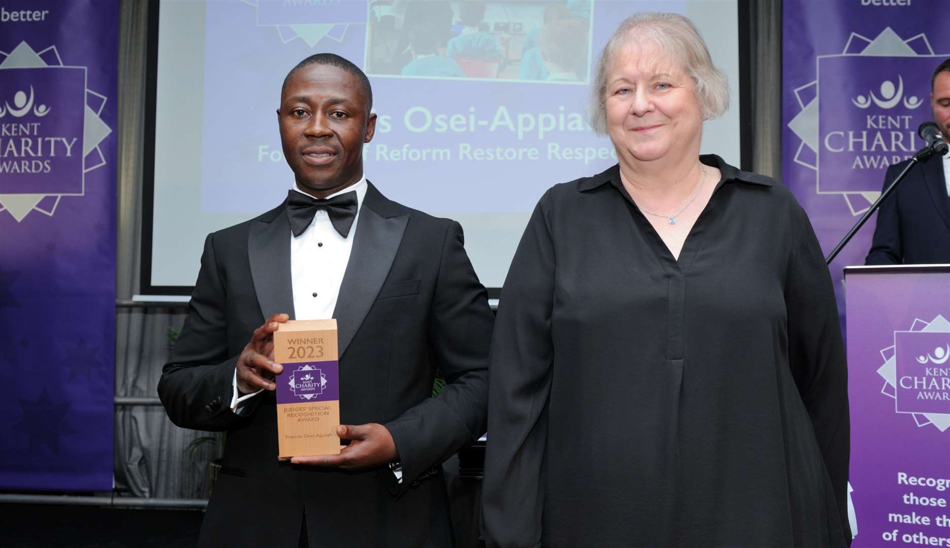 Winner Francis Osel-Appiah from Reform, Restore, Respect with head judge Susan Robinson. Picture: Simon Hildrew