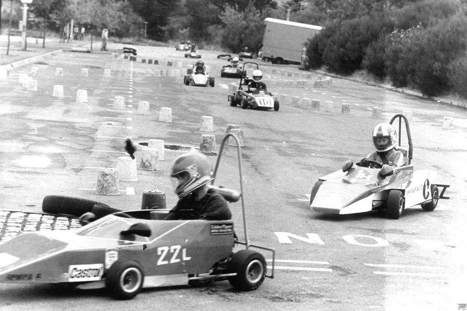 Before trading was allowed on Sundays, the Rochester Motor Club used to race karts around a quarter-mile circuit on the Hempstead Valley Shopping Centre car park. Here, Medway driver Iain Rowney leads Whitstable's Piers Belson in Formula 6 machines in 1983