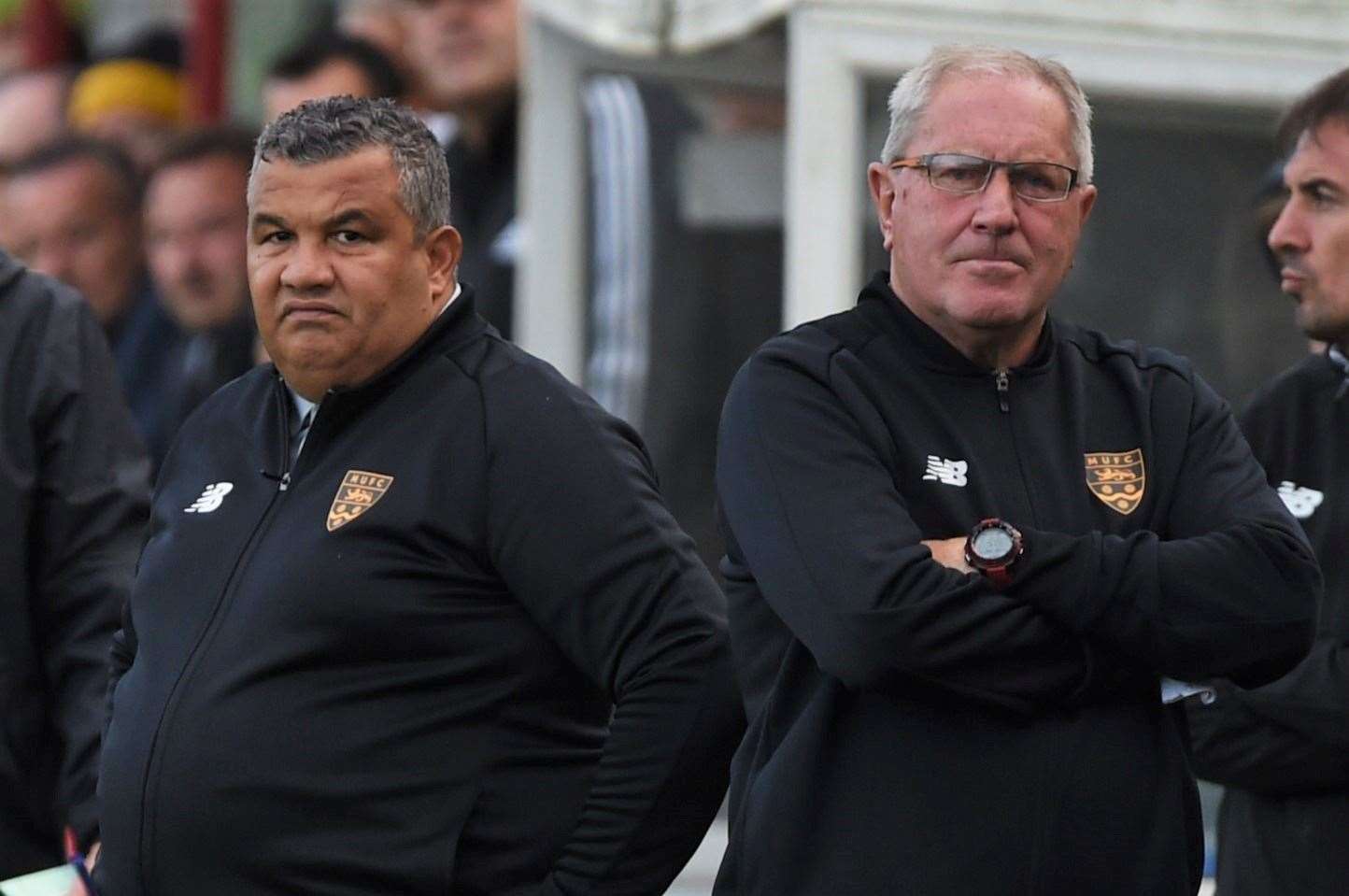 Maidstone United manager Hakan Hayrettin with assistant boss Terry Harris at Needham Market. Picture: Steve Terrell