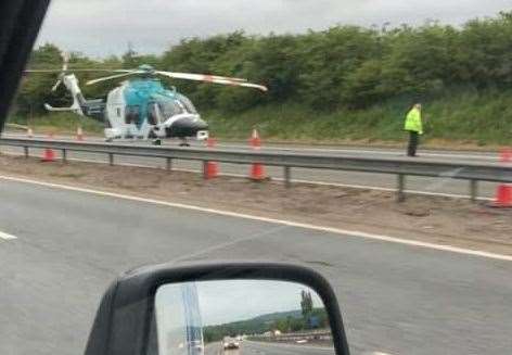 The air ambulance landed on the A2 following the collision between two lorries