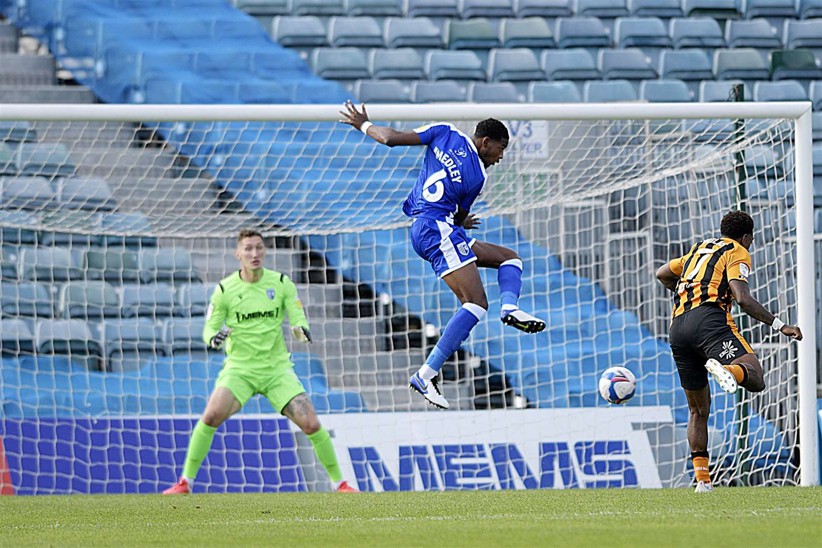 Zech Medley makes a clearance against Hull City Picture: Barry Goodwin