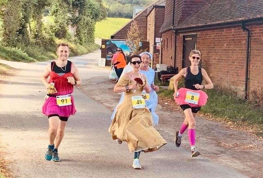 Karen (right) running the Bacchus Marathon in September 2019, for a friend's pre-wedding 'run-do'