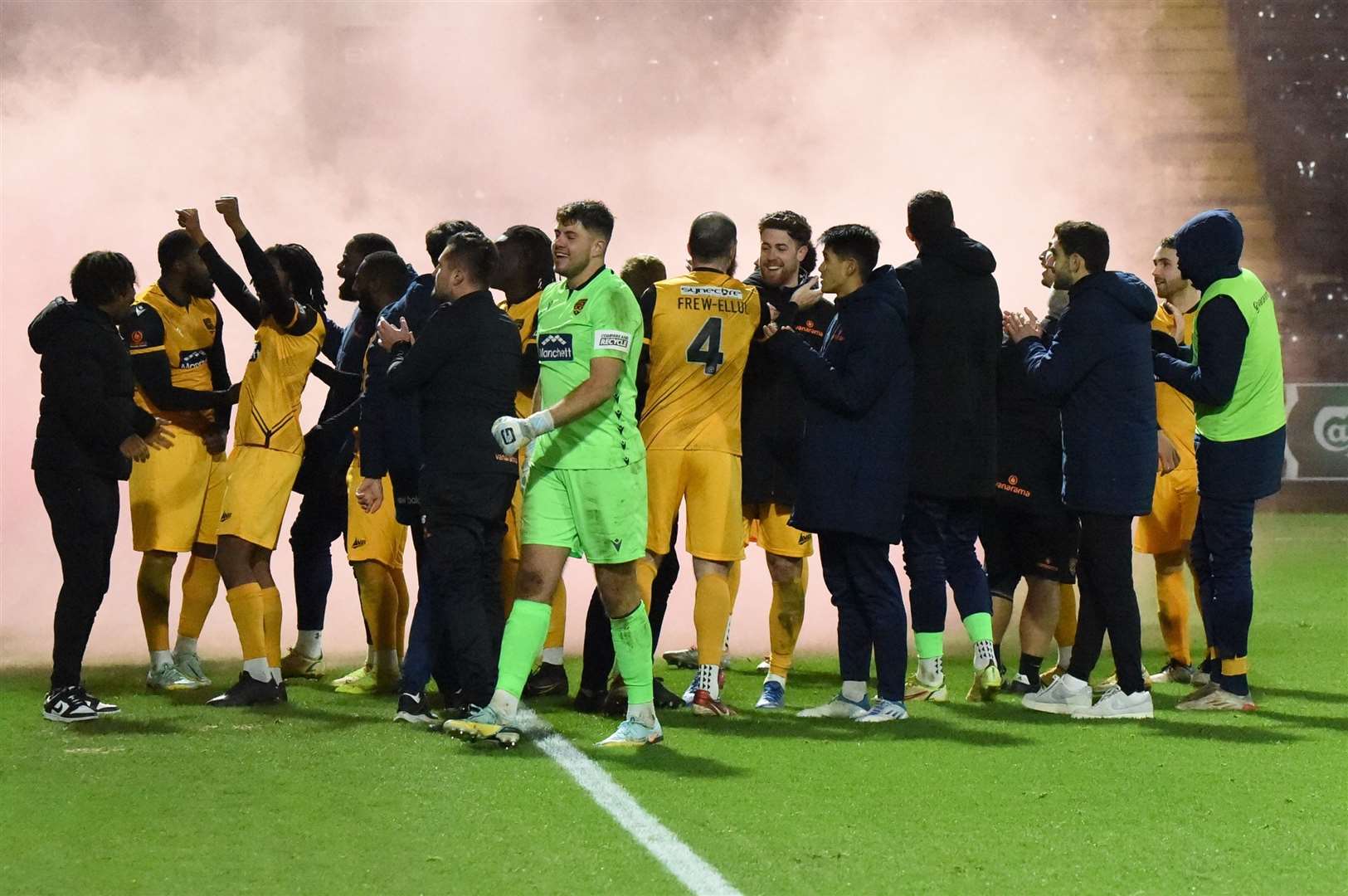 Maidstone players celebrate after reaching the last 16 of the FA Trophy. Picture: Steve Terrell