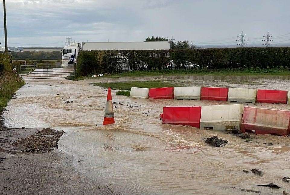 The entrance to PYO Pumpkins in Hoo has flooded after a water main burst