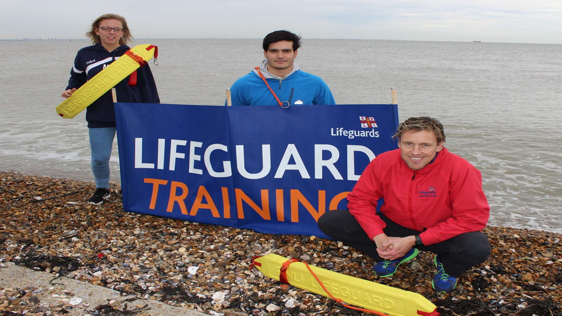 Lifeguard training on Sheerness beach with Supervisor Tom Thorndycraft, right, and trainees Daniel Bonthuys and Madison North