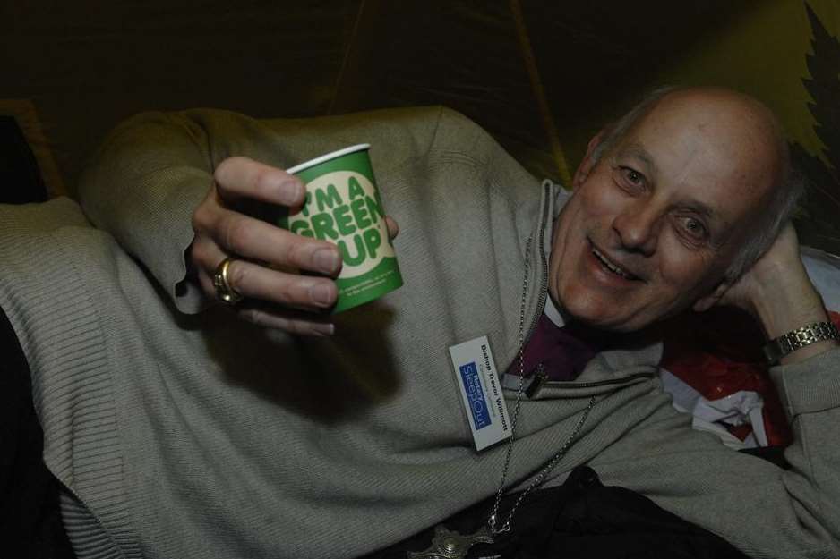 Bishop Trevor Willmot is revived with a cup of tea after the cathedral sleep-out