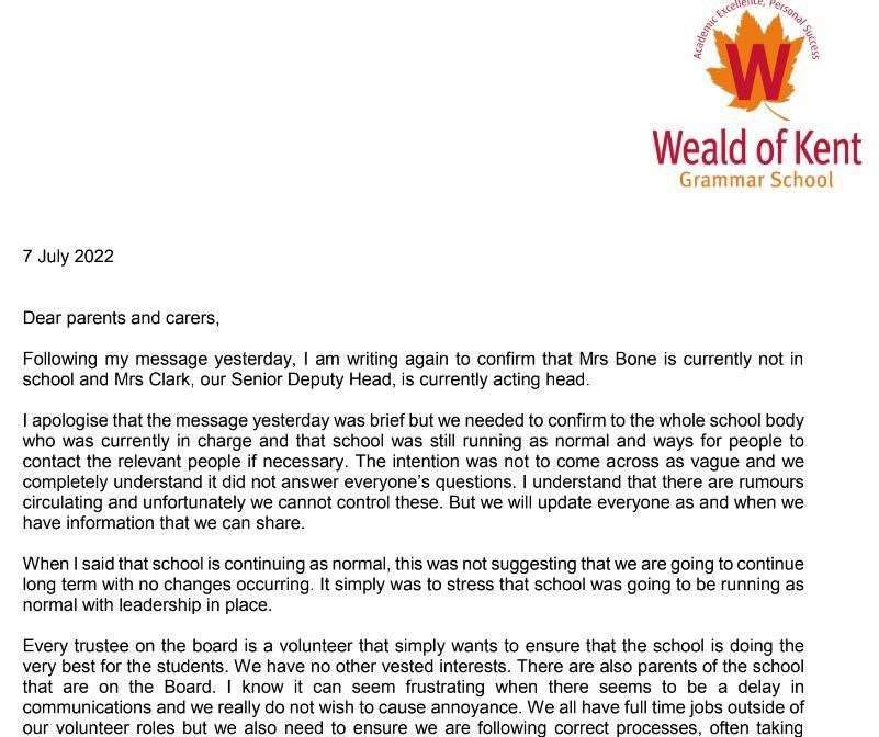 The letter to Weald of Kent Grammar School parents from Antonia Rubin, chair of trustees