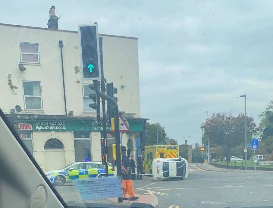 A car overturned after crashing into the metal bollard in October 2021. Picture: Liv Hopkins