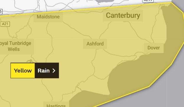 A yellow weather warning for rain has been issued for tomorrow in Kent. Picture: The Met Office