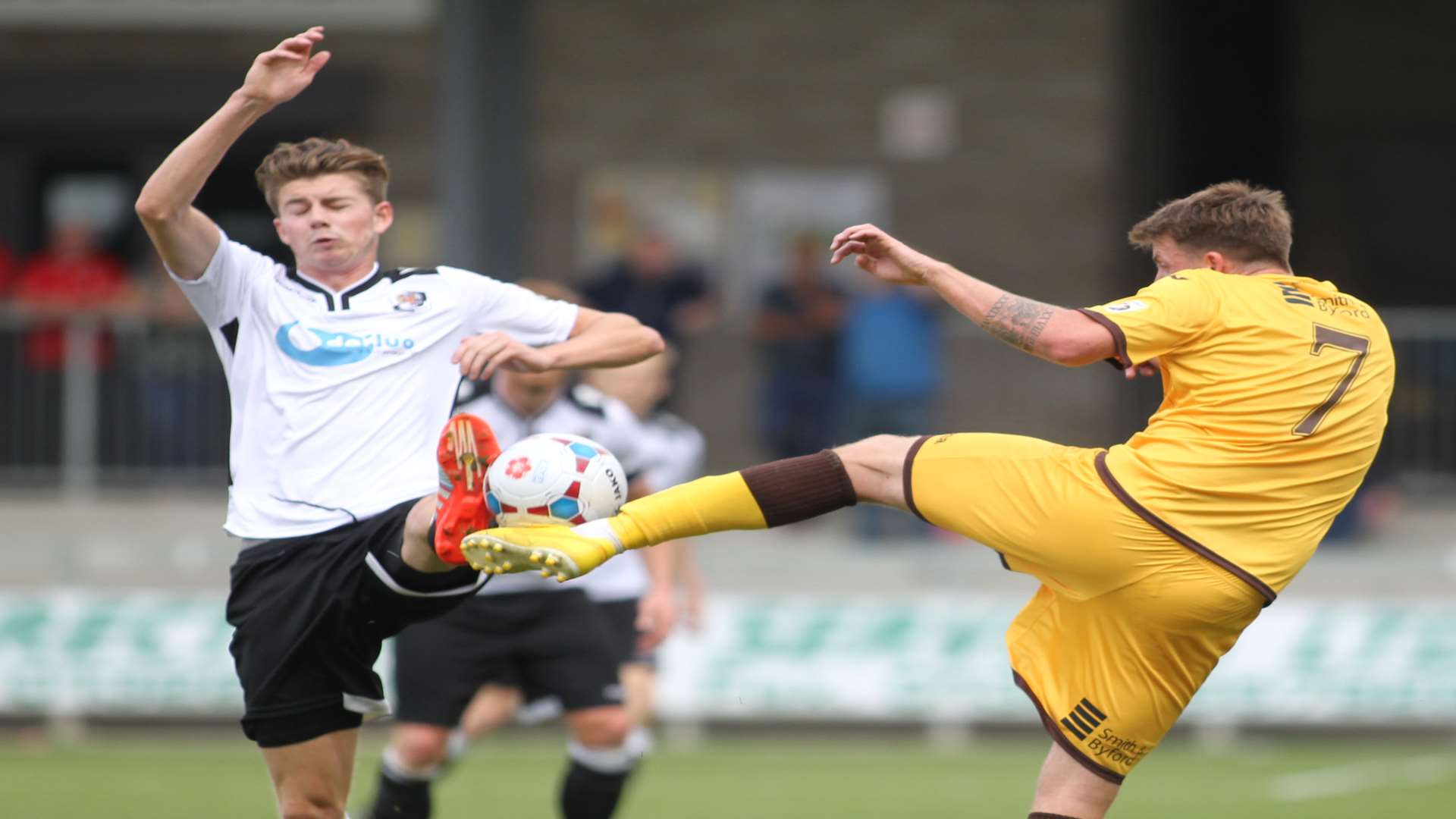 George Sykes gets his foot in for Dartford against Sutton Picture: John Westhrop