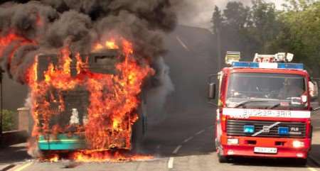 The amazing scene as the back of the bus erupts in flames. Picture: Jeremy Frankel