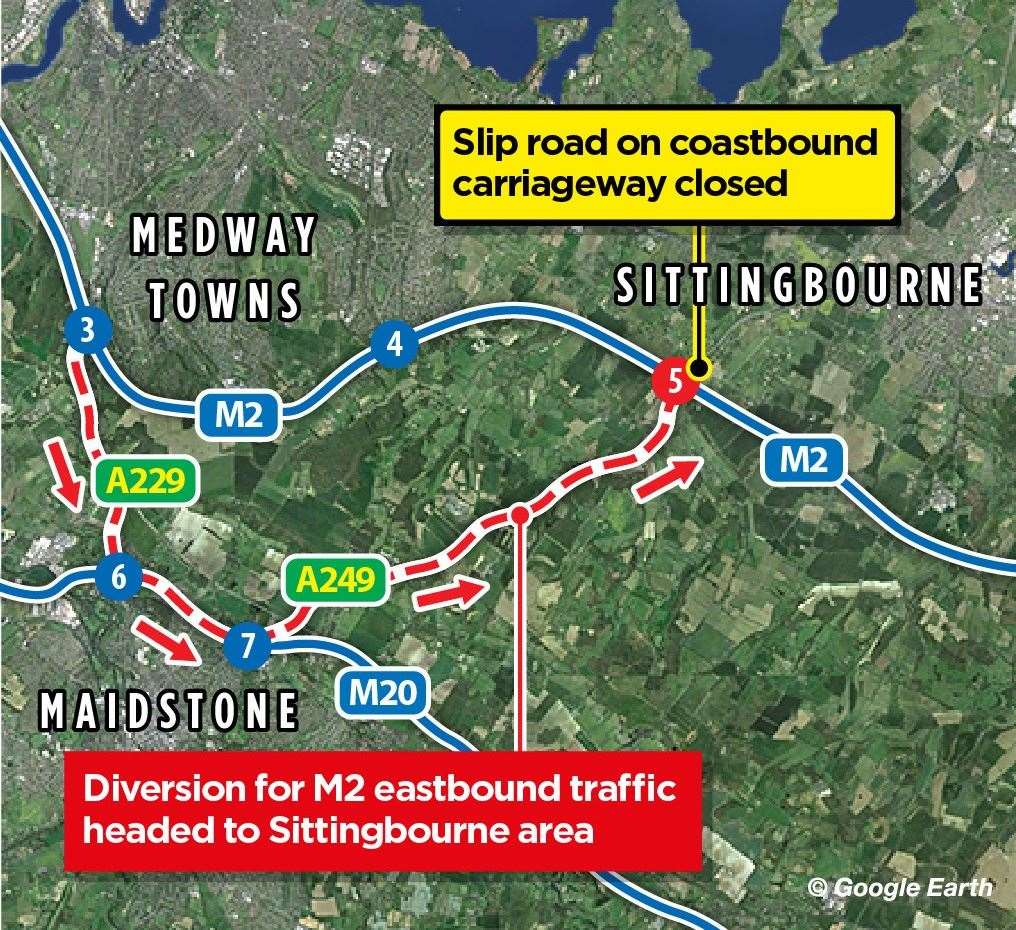 The M2 coastbound junction 5 slip closure diversion route via Blue Bell Hill. Picture: KM Graphics and Google Earth