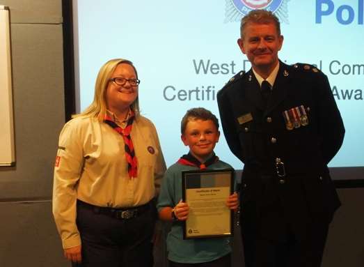 Leanne Harris-Beale, who nominated James for this award, with James Sparks and Chief Superintendent Steve Corbishley