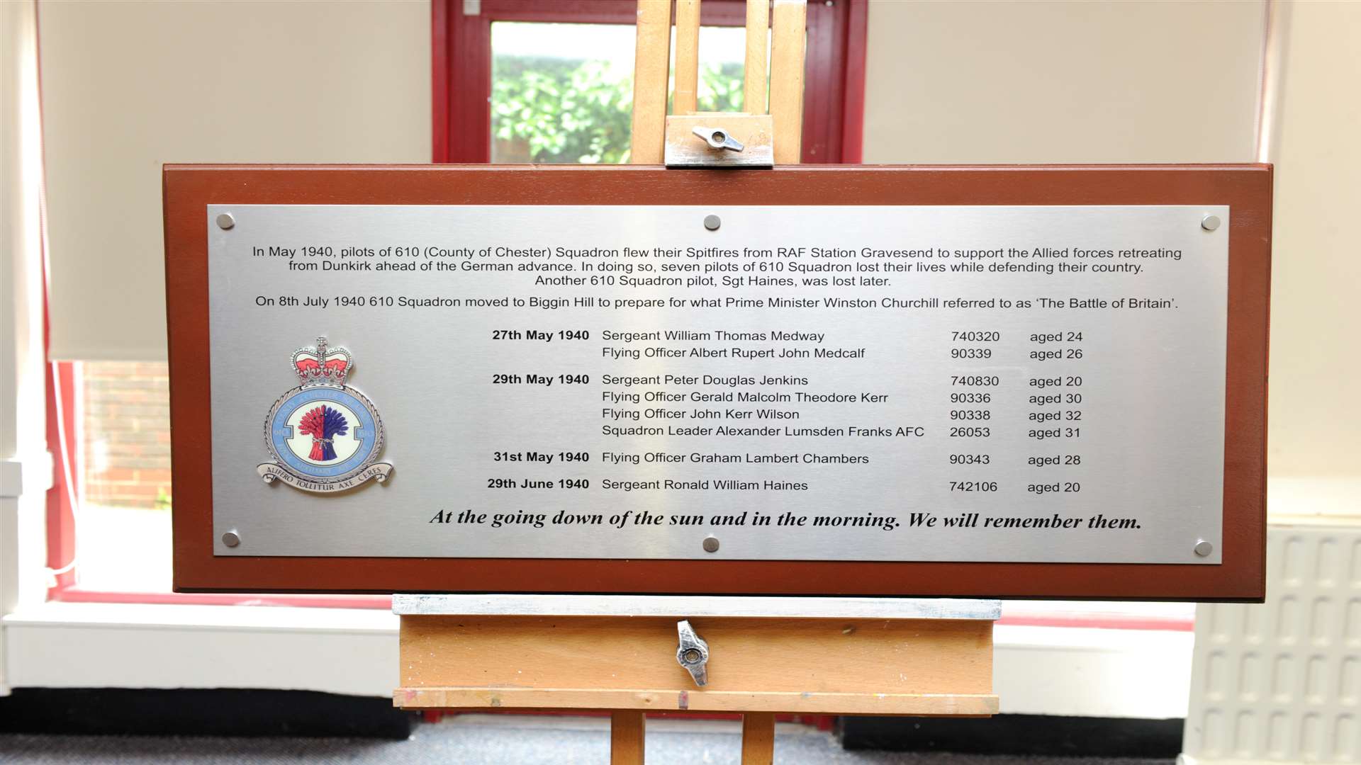 The plaque commemorating the men of 610 (County of Chester) Squadron Royal Auxiliary Air Force, who were based at RAF Gravesend Airport before fighting in the retreat at Dunkirk