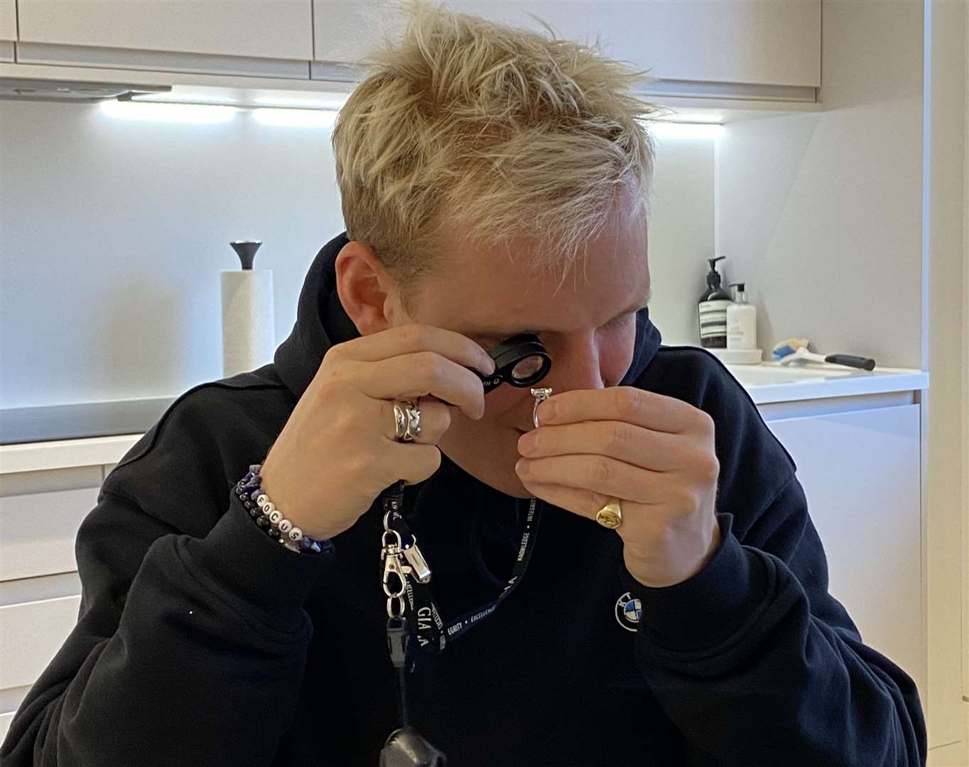 Made in Chelsea's Jamie Laing examining a diamond