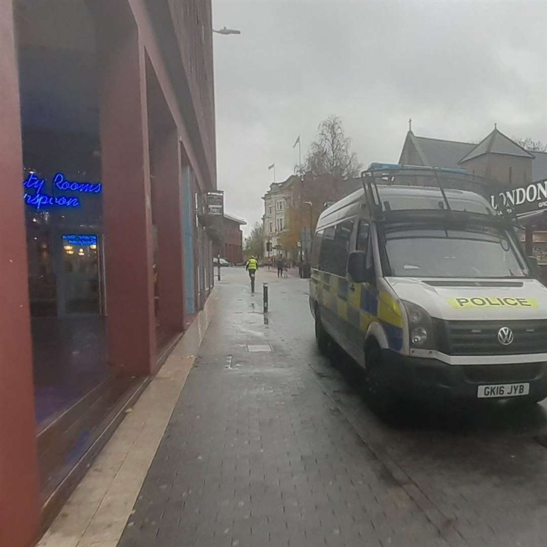 A riot van outside Society Rooms in Maidstone
