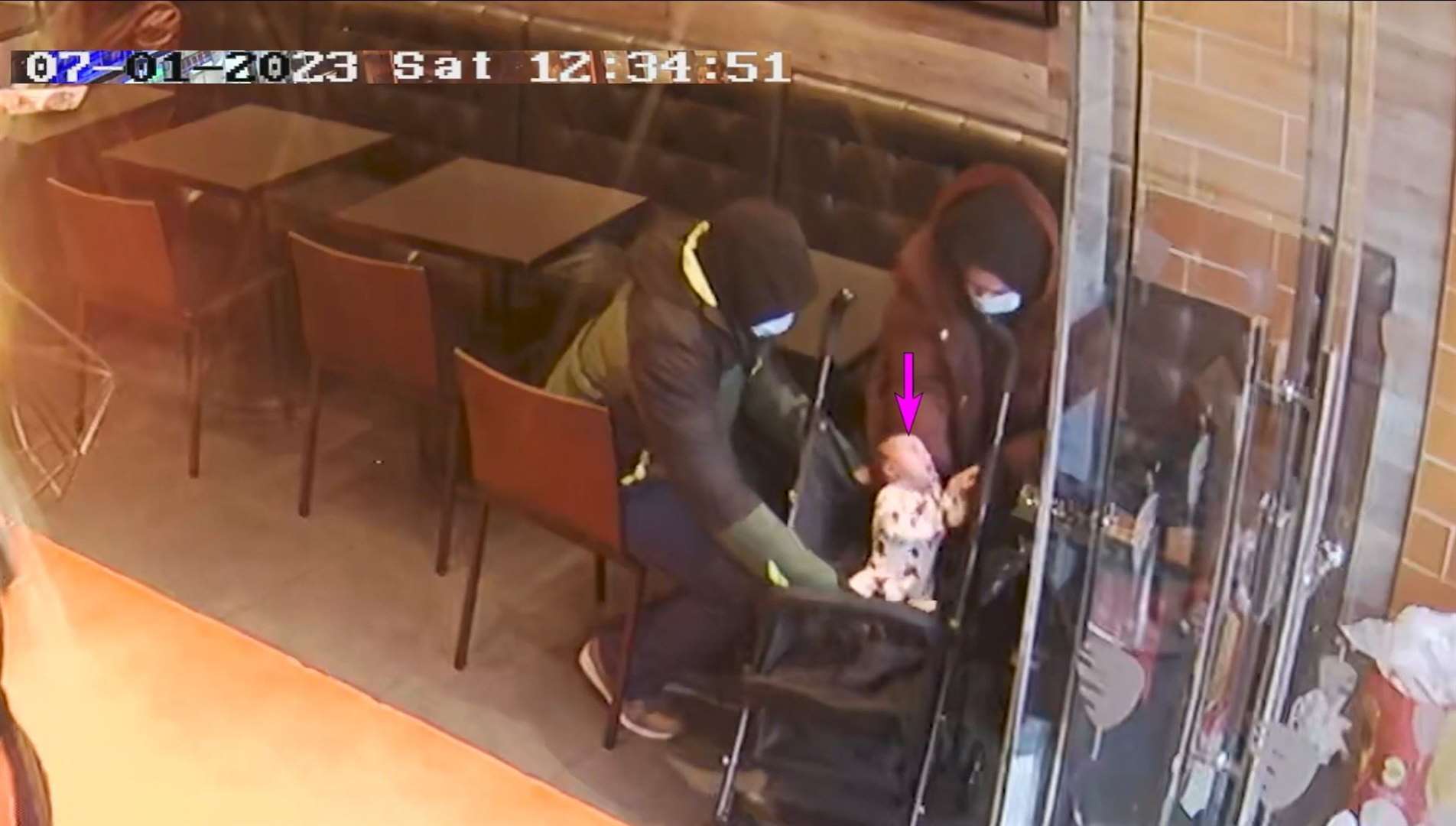 CCTV of Constance Marten, Mark Gordon and baby Victoria in a German doner kebab shop in East Ham, London last January 7 (Met Police/PA)