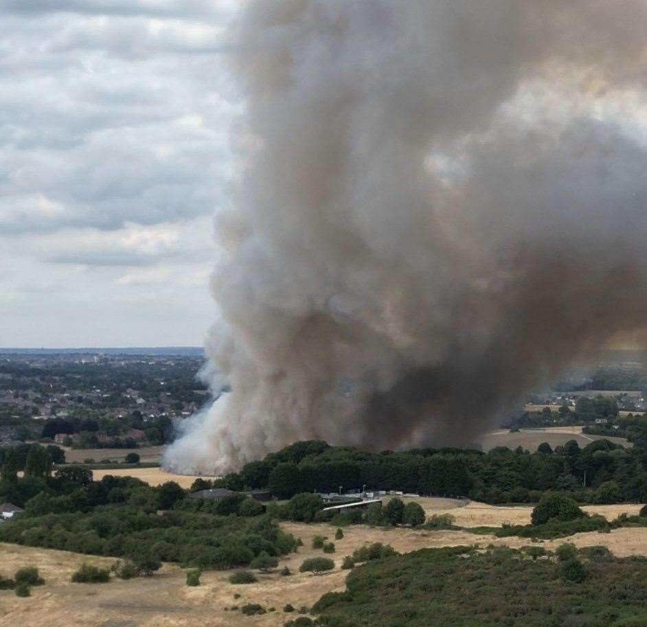 An aerial image shows huge plumes of smoke rising from a field in the Swanley area. Picture: Hawkeye Aerial Media