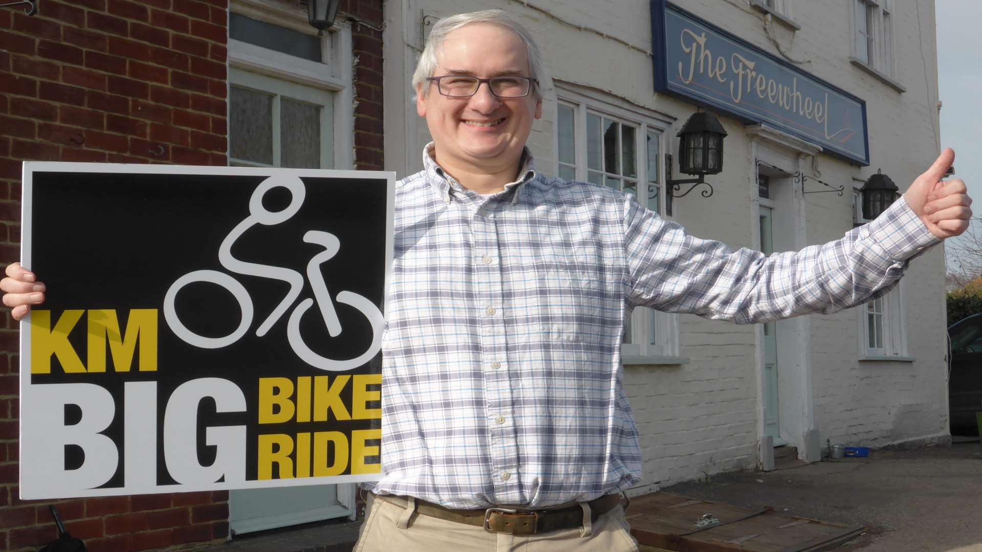 Adrian Oliver, founder of cycling pub and cafe The Freewheel in Graveney, Nr Faversham, announces support of the KM Big Bike Ride