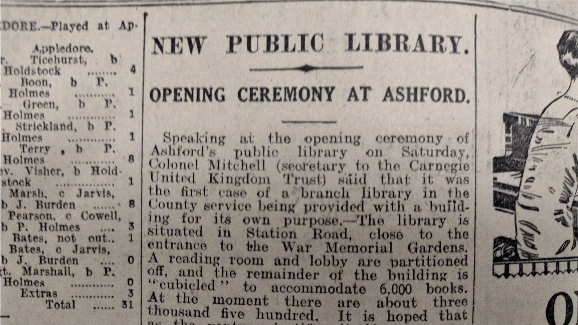 A newspaper cutting recording the opening of Ashford Library in 1928