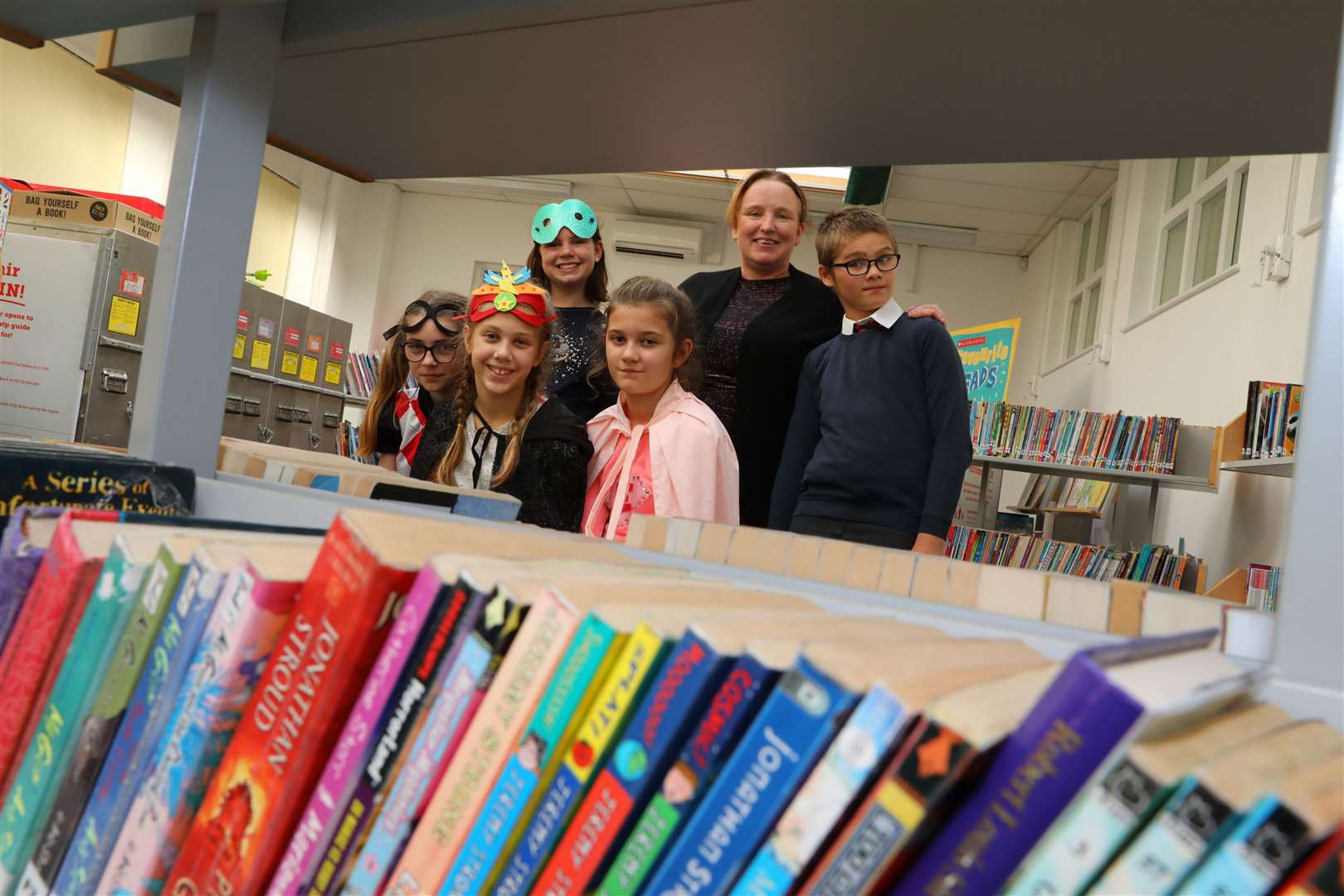Lacey, Kara, Rebecca, Emily & Callum with Headteacher Mrs Powell inside St Katherine's School's refurbished library. Picture: Andy Jones. (19611882)