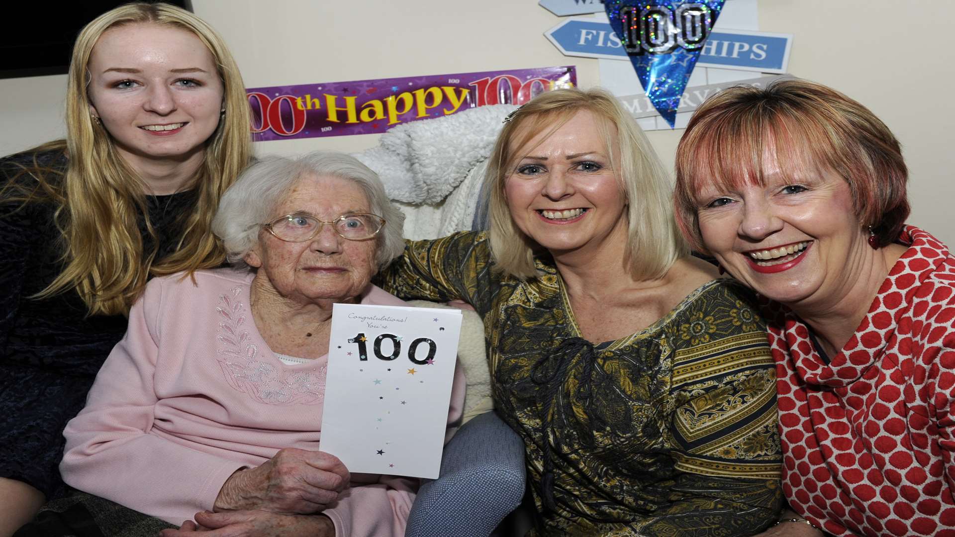 Betty Vosper celebrates her 100th birthday with great-granddaughter Lucy Richardson, 16, and granddaughters Marla Richardson and Beverley Johnston