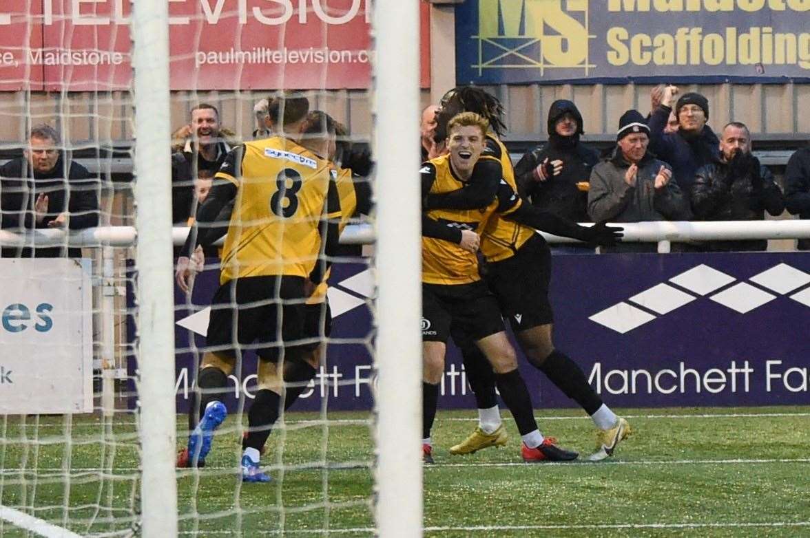 Jack Barham puts Maidstone 2-0 up just before half-time Picture: Steve Terrell