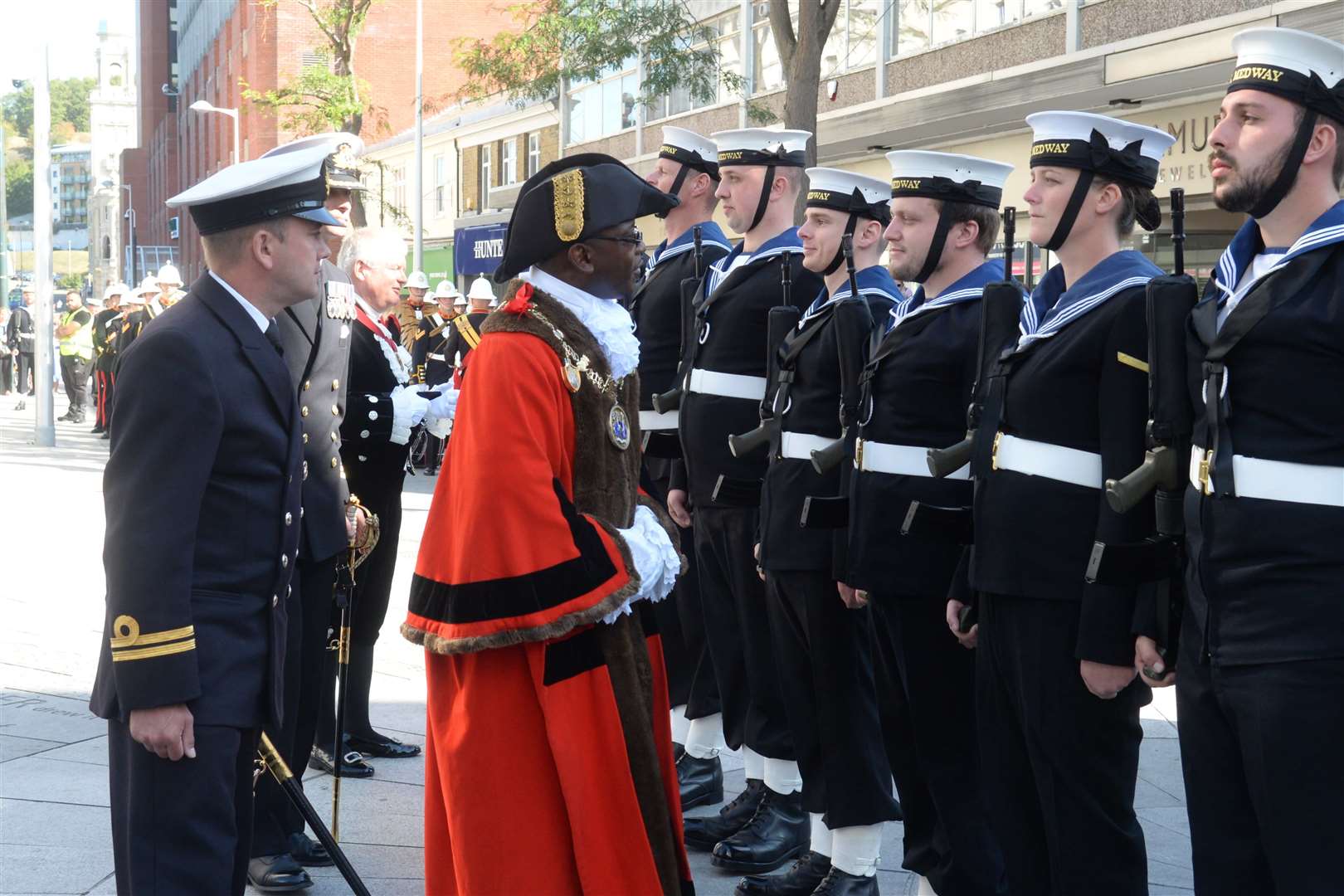 The Mayor of Medway Cllr Habib Tejan inspects the ships company during the freedom parade for HMS Medway in Chatham