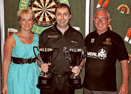 Sheppey Darts Classic winner Richie Howson with his trophies presentated by Tom and Lee Dunn