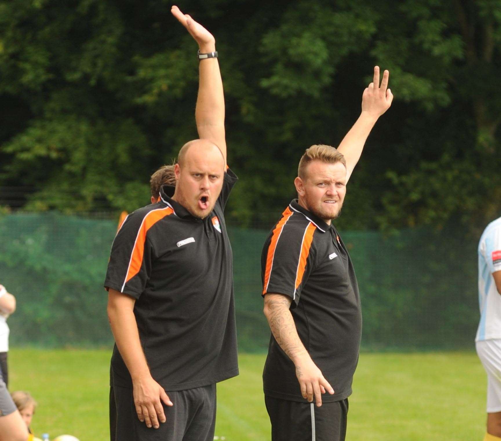 Richard Styles, right, and assistant Dan Morrin, pictured while at Lordswood in 2016, have joined Whitstable. Picture: Steve Crispe