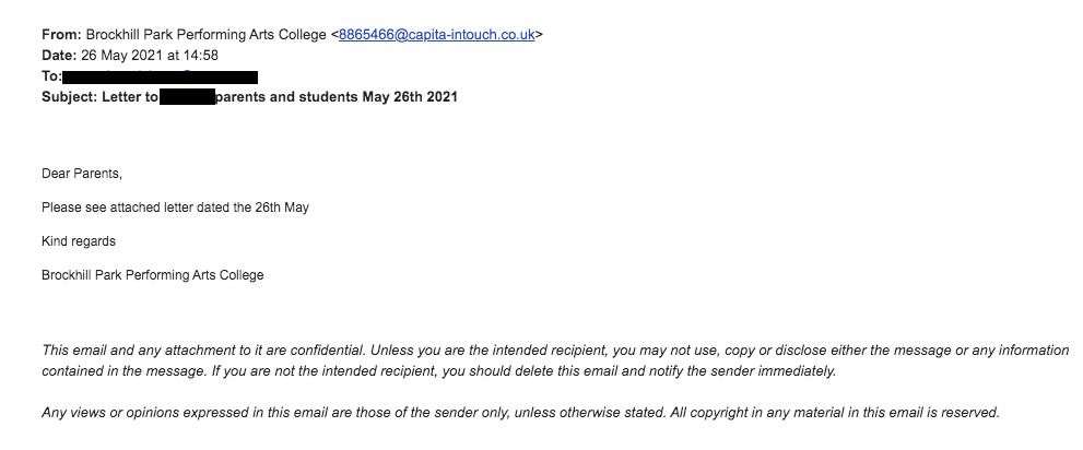 A screenshot of the email one parent received, dated at 2.58pm yesterday