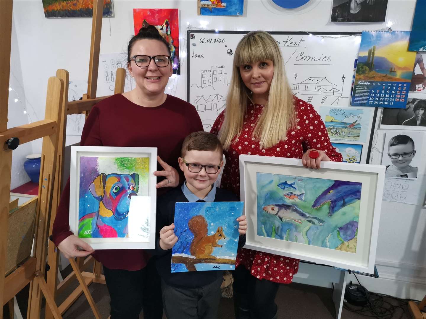 Kerry Coker with son Max and art tutor Lana Arkhi