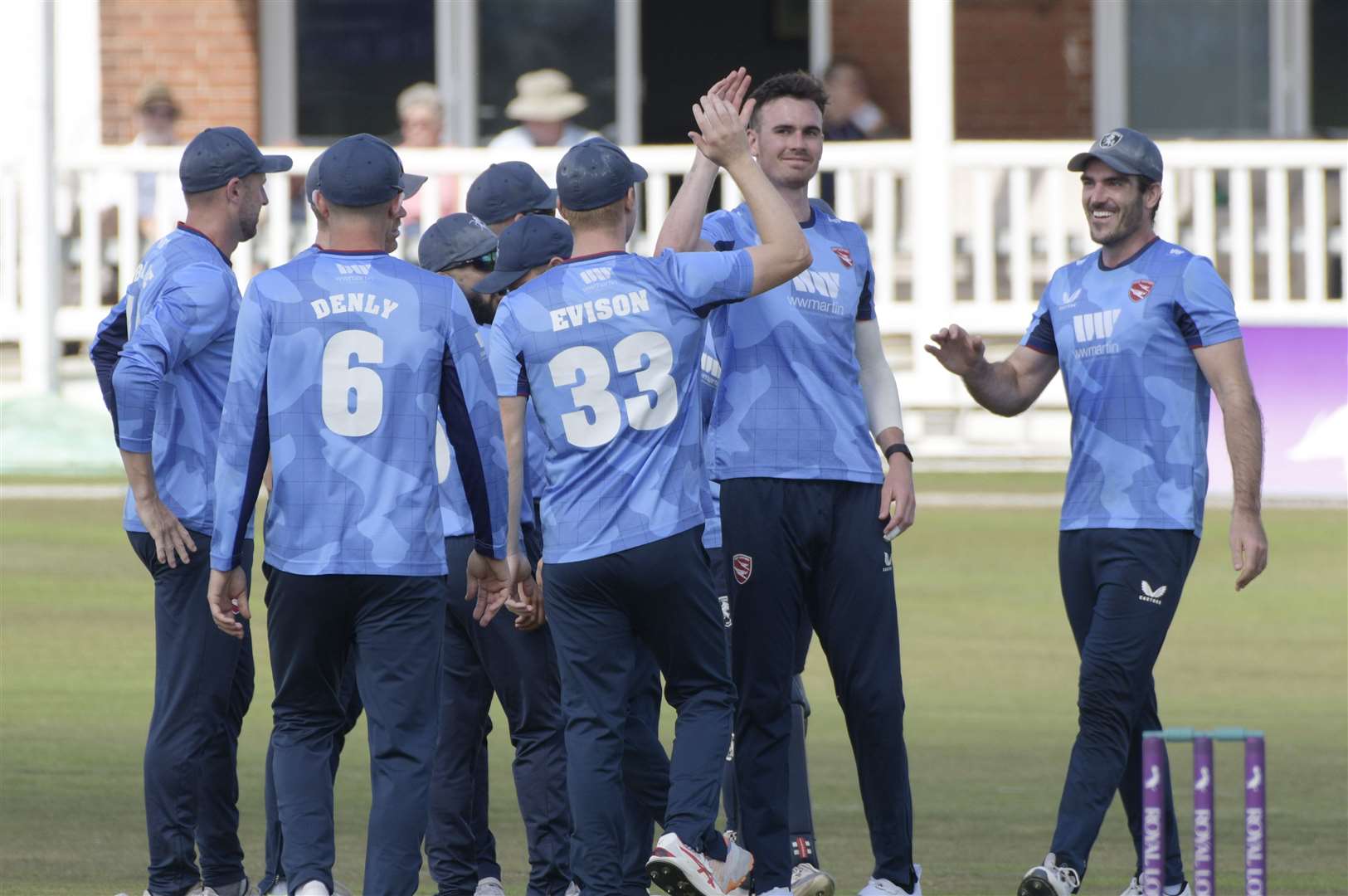 Kent celebrate as Nathan Gilchrist removes Steven Croft. Picture: Barry Goodwin