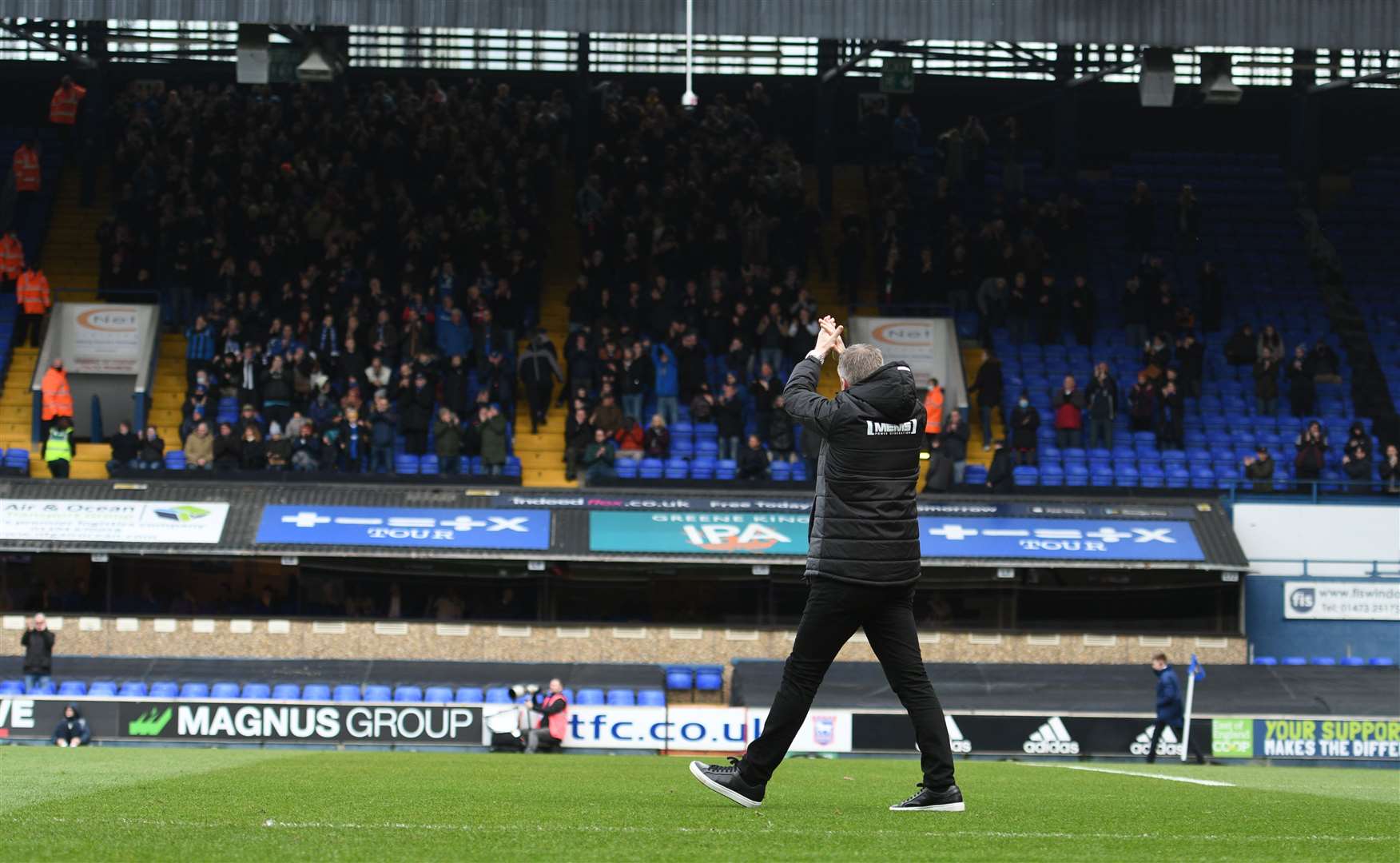 Manager Neil Harris thanks the travelling support at Ipswich Picture: Barry Goodwin