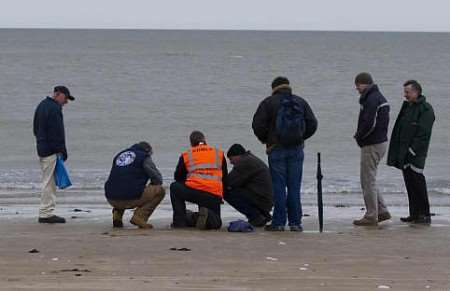 The rescue team help the stranded pup. Pictures: Ian Andrews