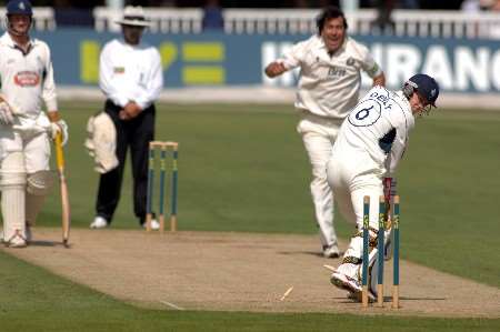 Kent's Joe Denly is bowled by Jimmy Ormond. Picture: BARRY GOODWIN