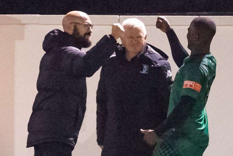 Cray Valley boss Kevin Watson hands out the 'modern-day' fist pump. Picture: Dave Cumberbatch