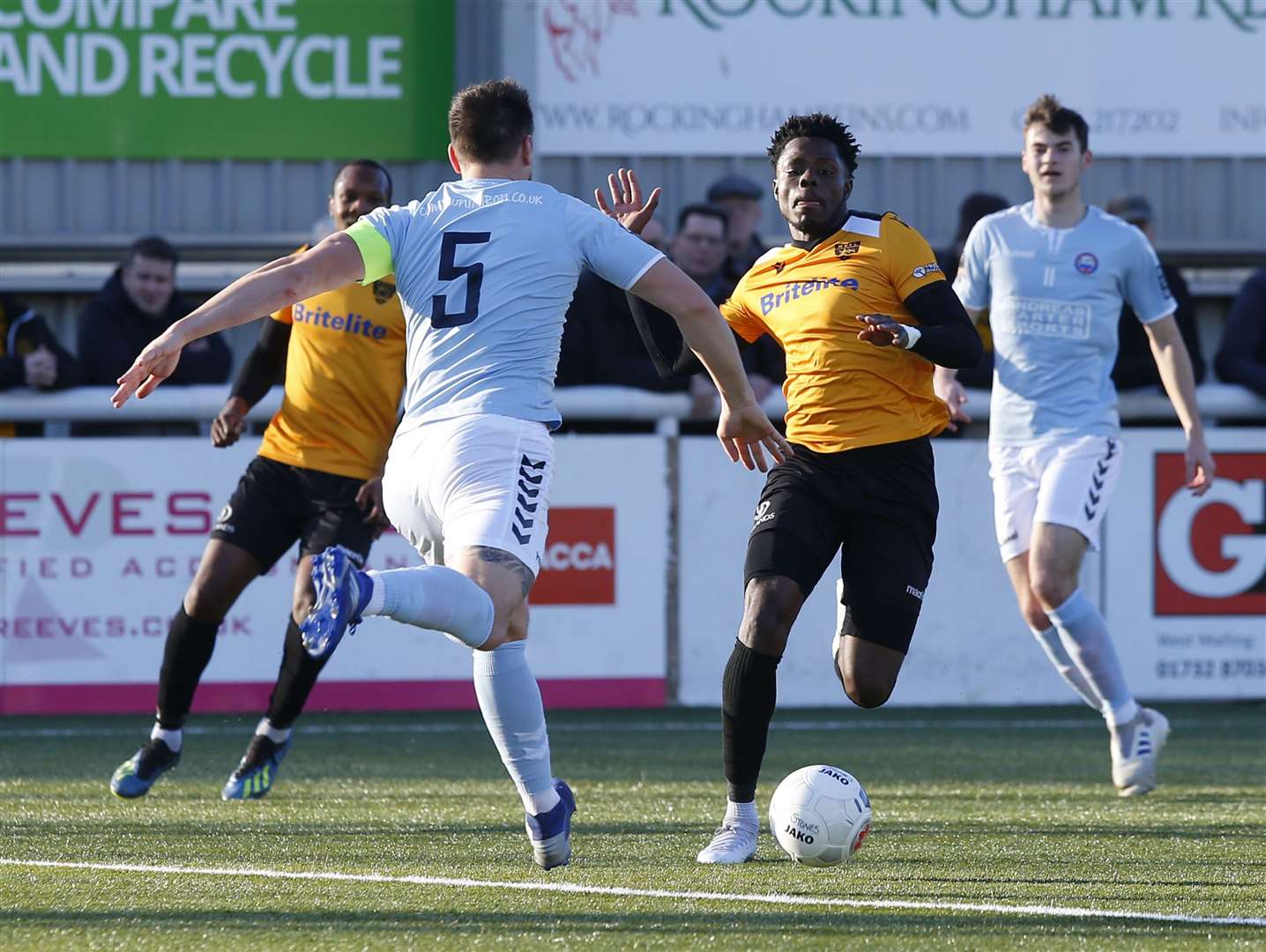 Maidstone United winger Justin Amaluzor gets at the Braintree defence Picture: Andy Jones