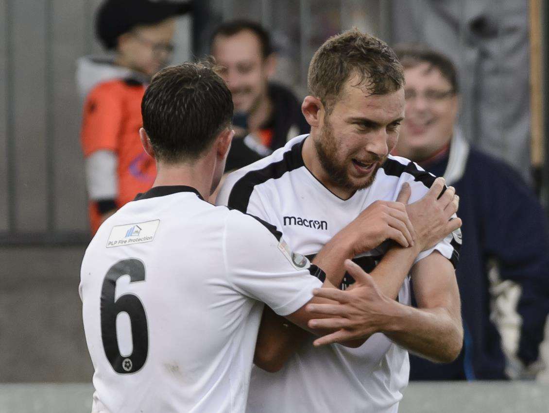Lee Noble and Ryan Hayes celebrate a goal for Dartford Picture: Andy Payton