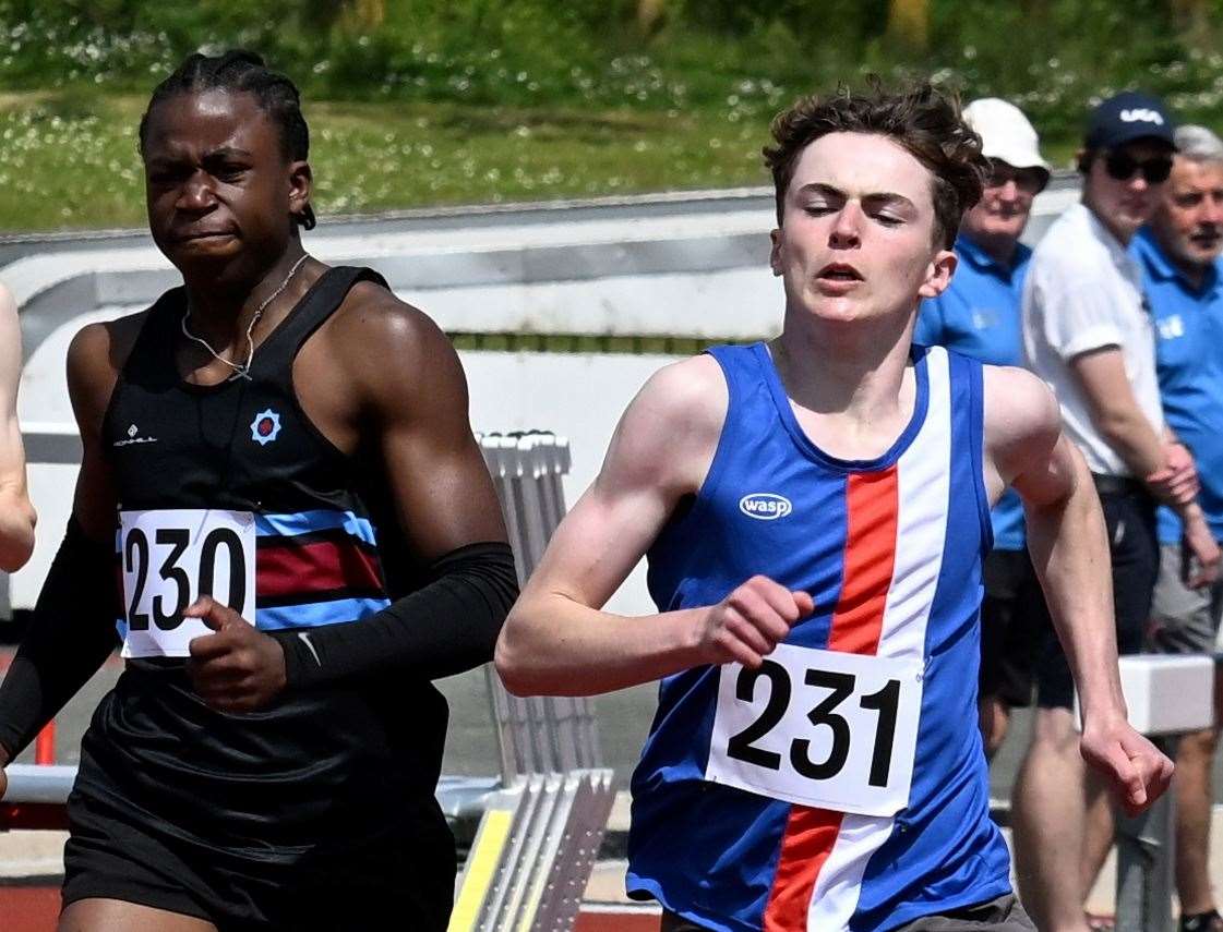 Folkestone Running and AC’s Jasper Carroll (231) won the Under-15 Boys’ 300m, with Blackheath & Bromley’s Jonathan Adegbola (230) taking fourth place. Picture: Simon Hildrew