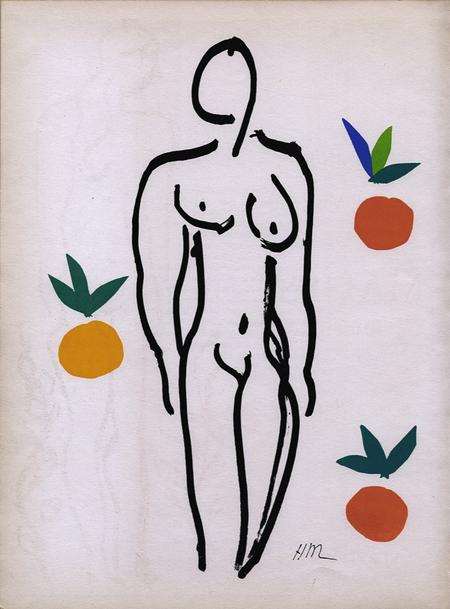 Henri Matisse's Nu aux organges (Nude with Oranges), 1952-53. Gouache découpée and India ink 155 x 108cm DACS. Taken from Matisse: Drawing with Scissors.