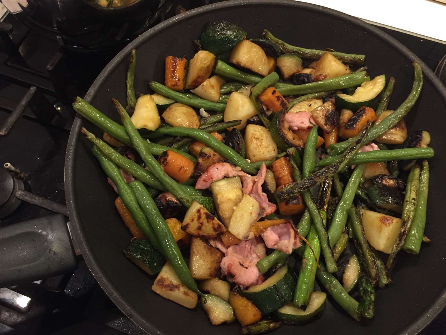 Carrots, green beans, potatoes, asparagus, courgette and a little bacon