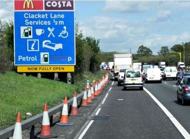 Queues are stretching back after the crash near Clacket Lane services. Stock image.